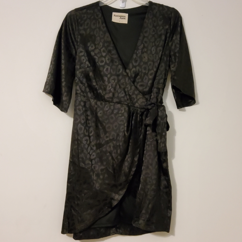 Savanna Jane Black Leopard Print Flare 3/4 Sleeves  Wrap Dress Midi Dress